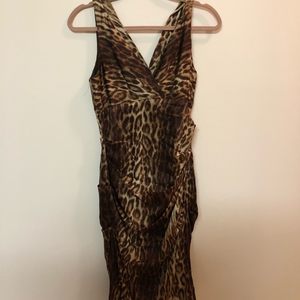 Cache leopard silk cocktail dress